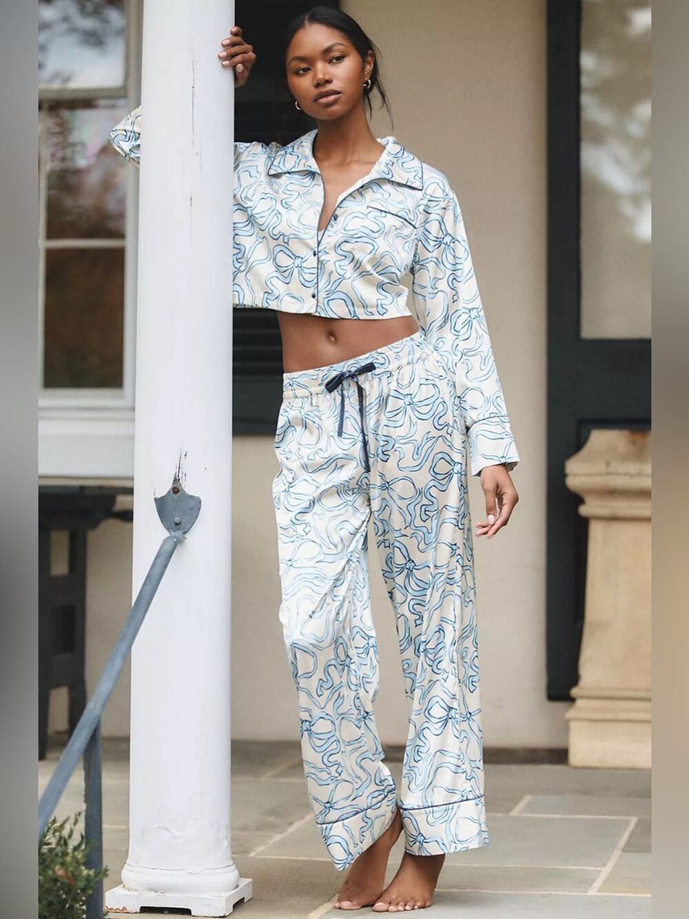 2 pc set Kilo Brava Anthropologie Bow PJ Set Crop Top Long Pants Blue